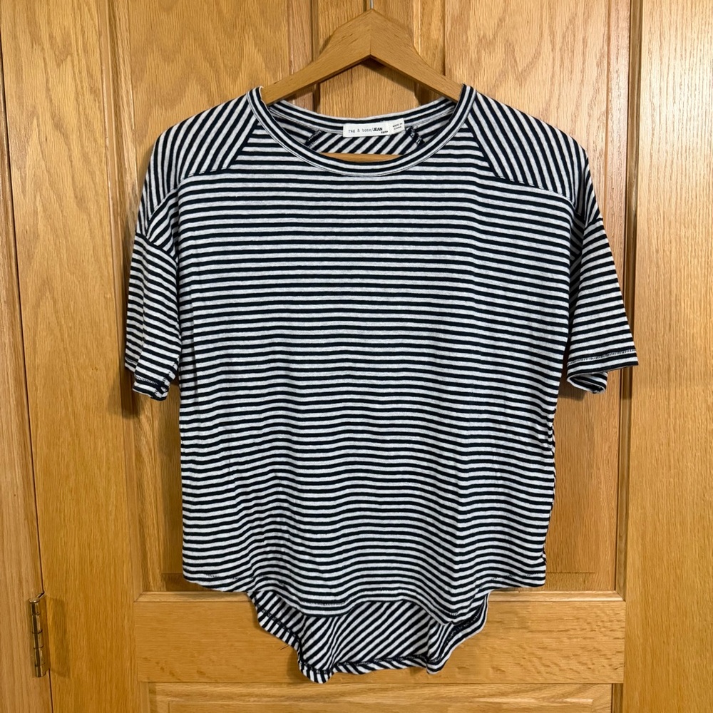 Rag and bone navy and white striped elbow sleeve t shirt with high low hem